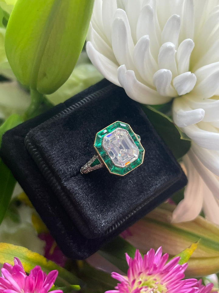 2.30 Carat Diamond and Emerald Antique Art Deco Halo Engagement Ring in 18ct White Gold