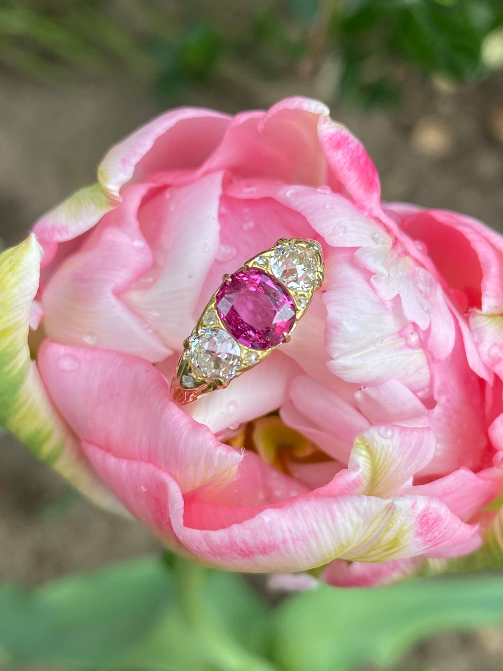 Antique No Heat Ruby and Old Cut Diamond Engagement Ring in Yellow Gold Katherine James Jewellery