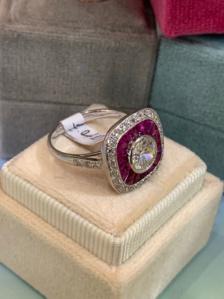1.10 Carat Old Euro Cut Diamond and Ruby Halo Ring in 18K White Gold