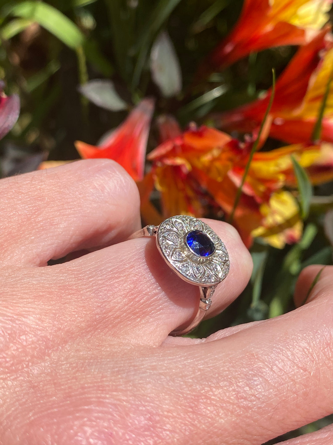 1.50 CTW Antique Art Deco Blue Ceylon Sapphire and Diamond Halo Engagement Ring in Platinum
