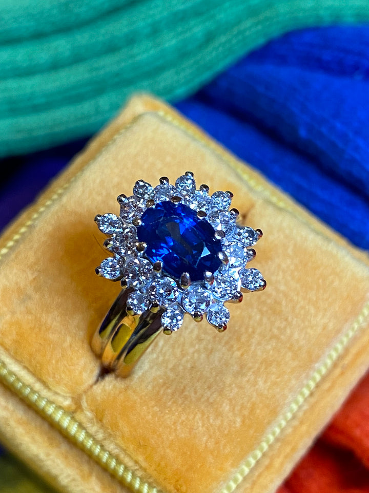 3 Carat Oval Blue Sapphire and Diamond Vintage Halo Engagement Ring 