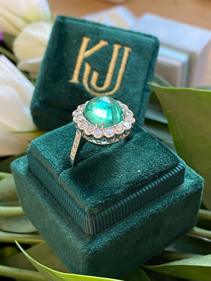 4.66 Carat Cabochon Colombian Emerald and Diamond Ring