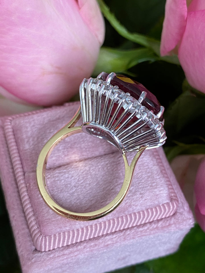 Huge 17 Carat Rubellite Pink Tourmaline and Diamond Cocktail Ring in White and Yellow Gold 