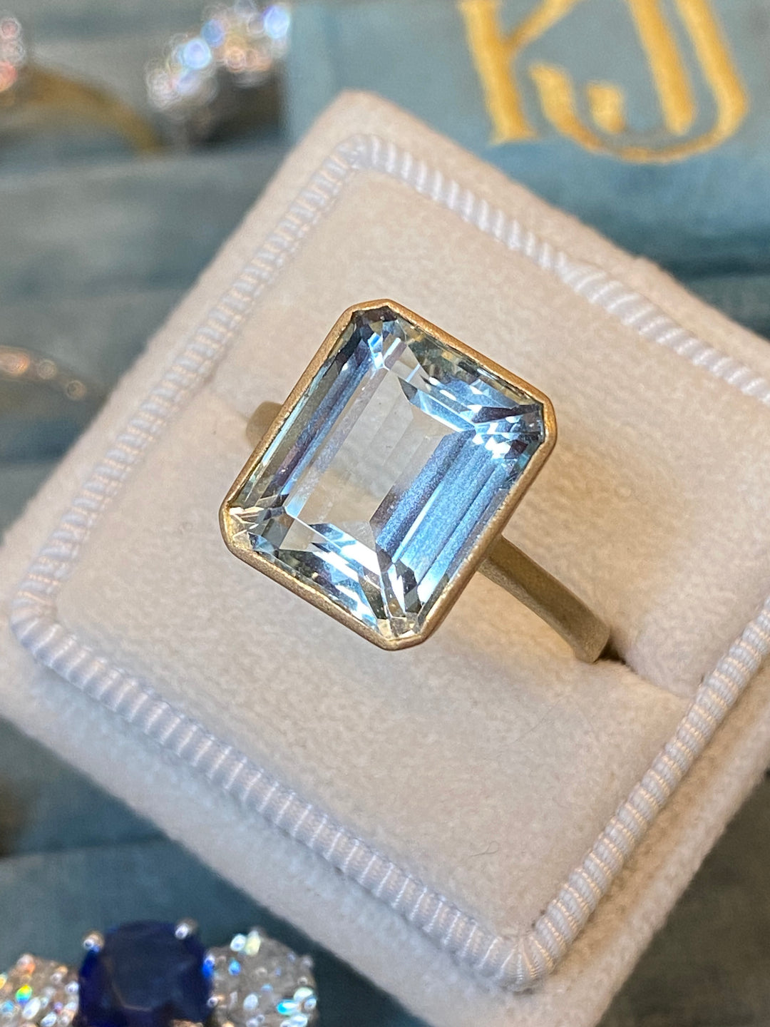 5 Carat Emerald Cut Aquamarine Engagement Cocktail Dress Ring in 18K Matte Rose Gold