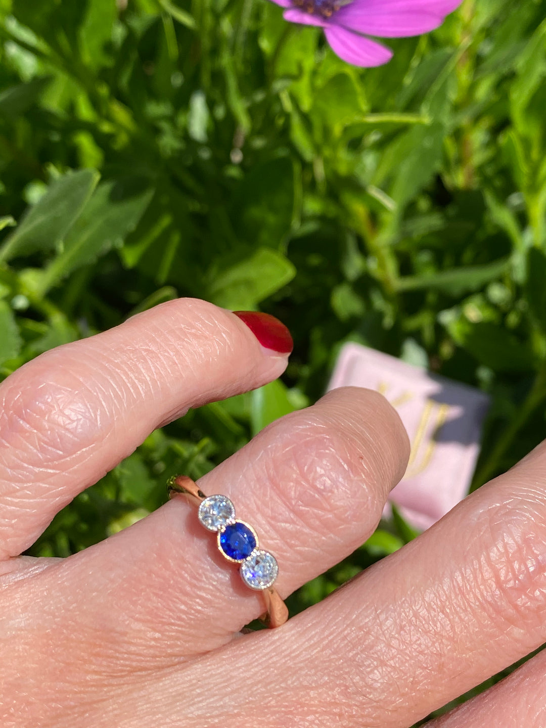 Antique Edwardian Blue Sapphire and Old Cut Diamond Three Stone Engagement Ring 
