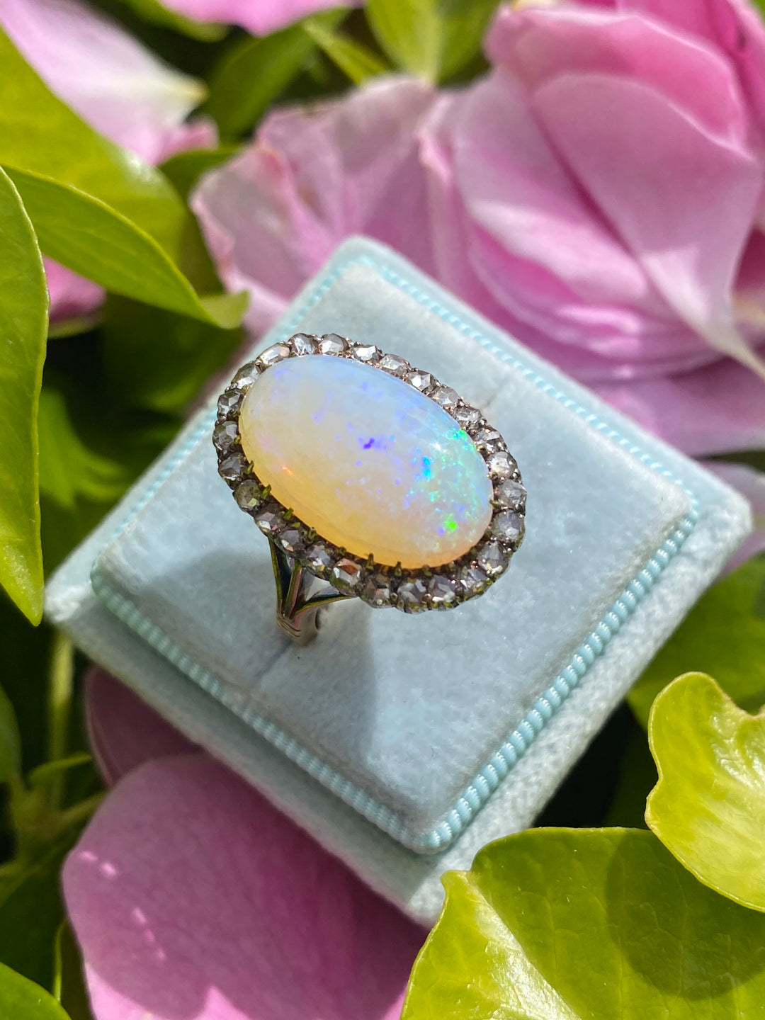 Antique Victorian White Opal and Old Euro Cut Diamond halo cocktail ring in Gold 