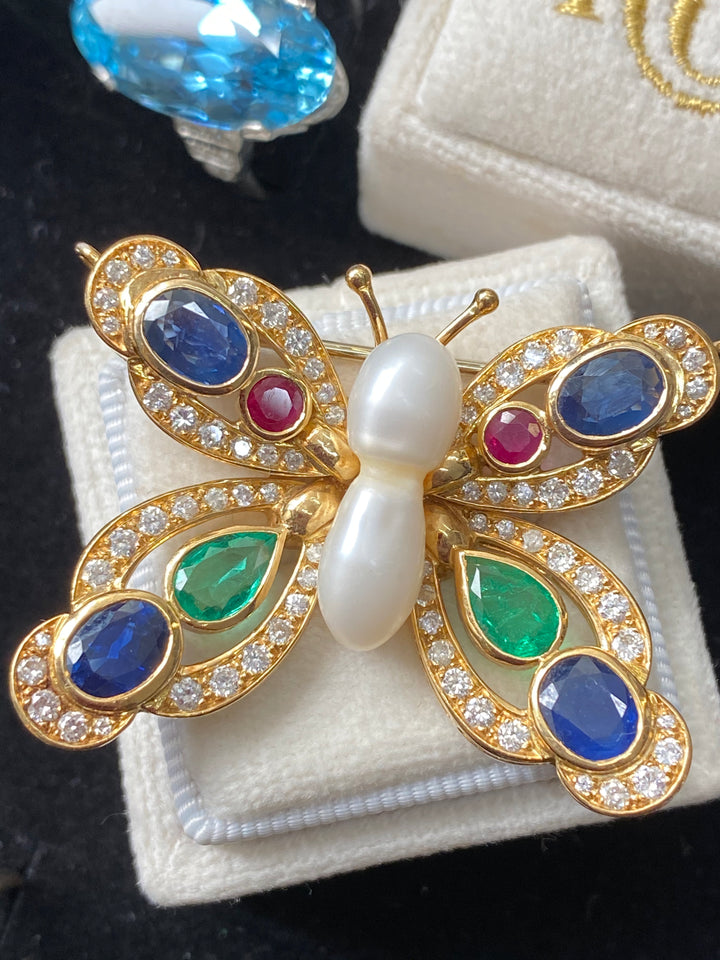 Baroque Pearl, Diamond, Emerald, Blue Sapphire and Ruby Butterfly Brooch in 18ct Yellow Gold