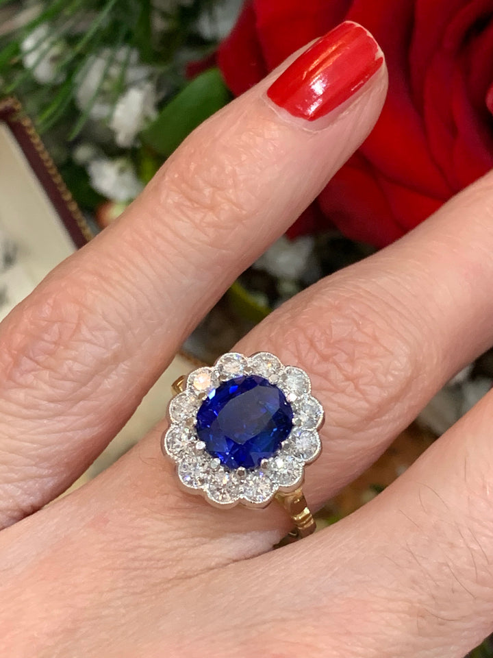 Royal Blue Sapphire and Diamond Cluster Ring