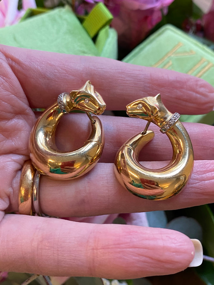 Diamond Panther Hoop Earrings in Yellow Gold 
