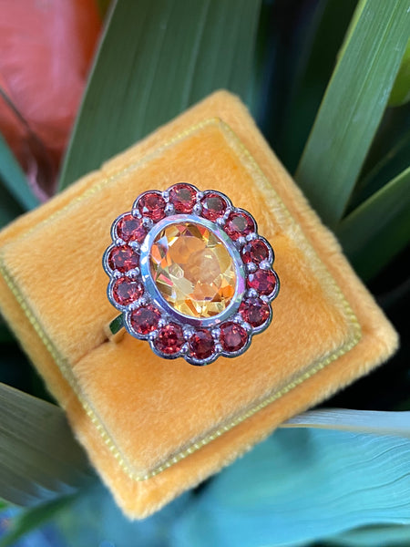Oval Citrine and Red Garnet Halo Cocktail Ring in Sterling Silver 
