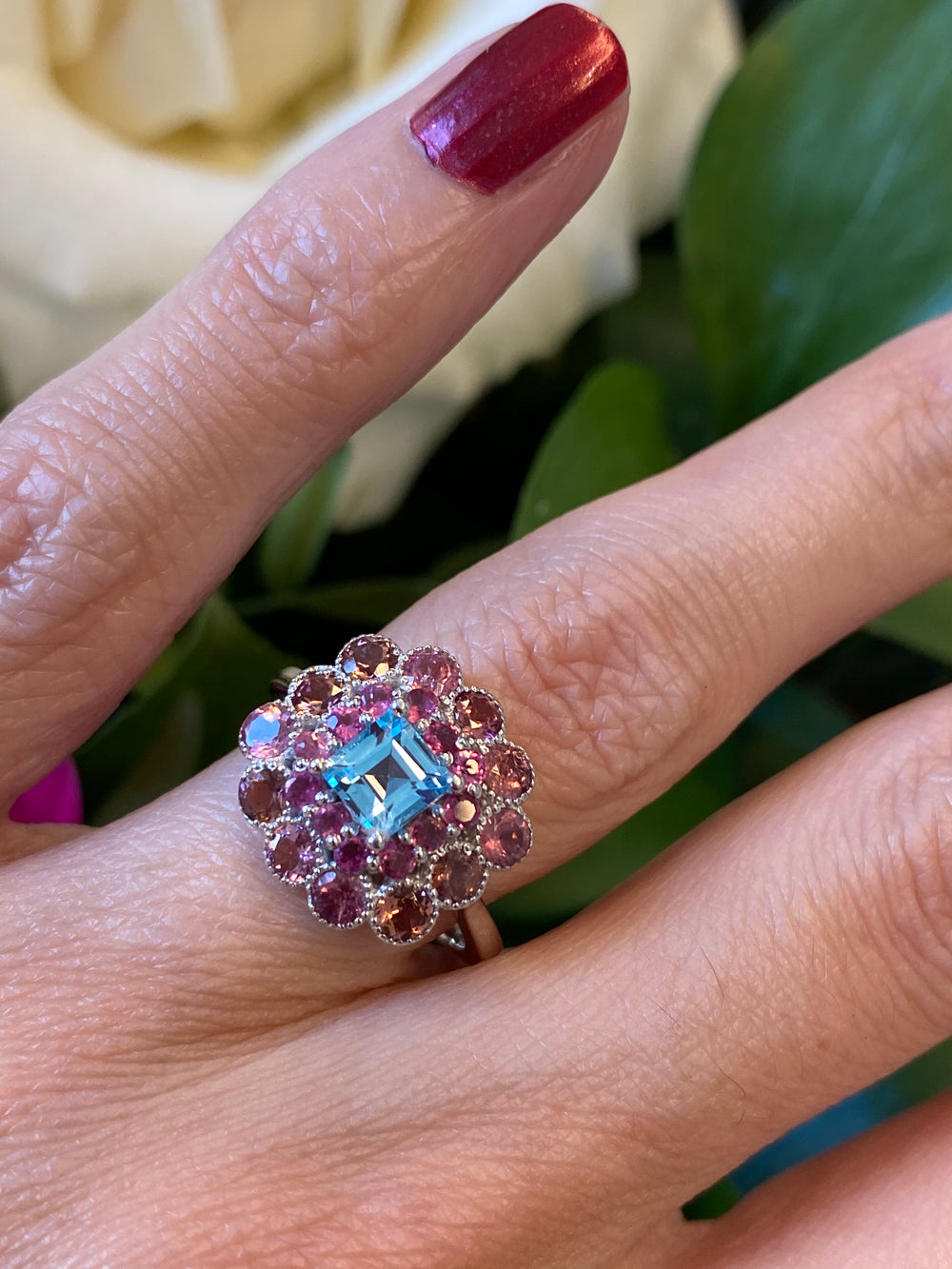 Asscher cut Blue Topaz and Pink Tourmaline Double Halo Ring in Sterling Silver