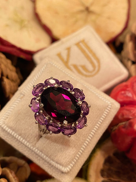 Glorious Garnet and Amethyst Halo Cocktail Ring in Sterling Silver