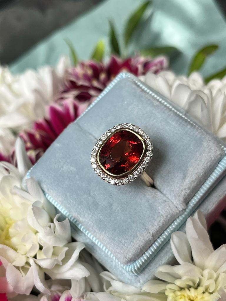 Spessartine Red Orange Garnet and Diamond Halo Ring 