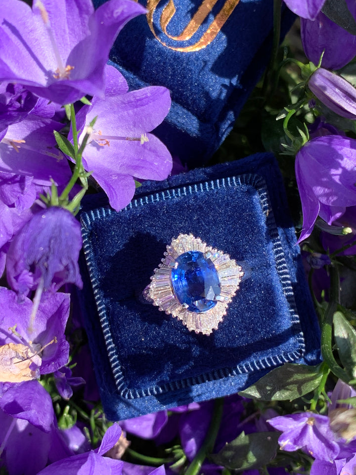 Oval Cut Blue Ceylon Sapphire and Diamond Engagement Ring in Platinum 