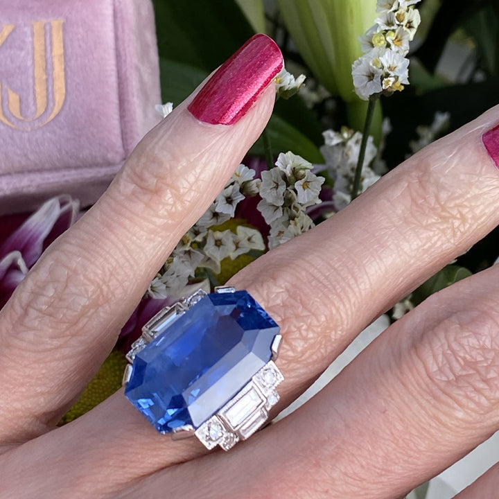 21.36 Carat Unheated Blue Ceylon Sapphire and Diamond Art Deco Engagement Ring 