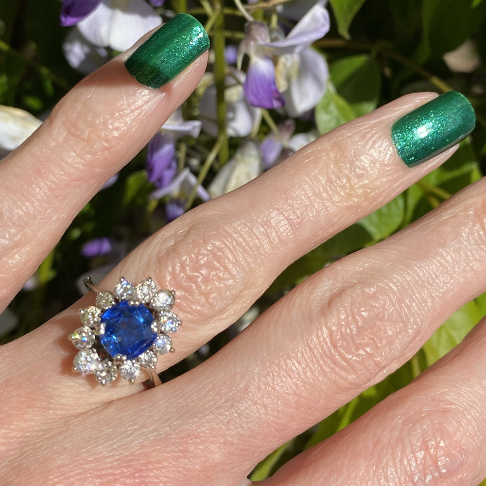 2 Carat Blue Ceylon Sapphire and Diamond Halo Engagement Ring 