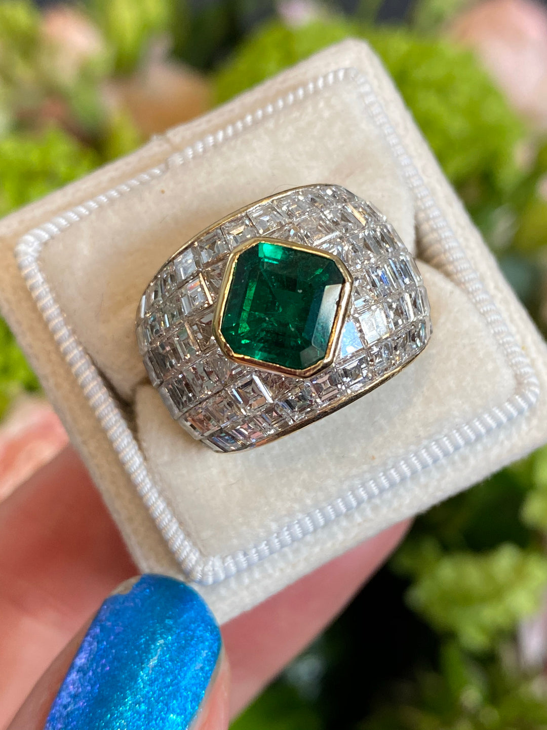 Colombian Emerald and Pave Diamond Vintage Bombe Cocktail Ring Katherine James Jewellery  