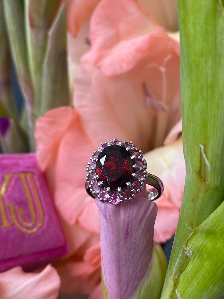 Oval Cut Red Garnet and Pink Tourmaline Halo Cocktail Ring in Sterling Silver