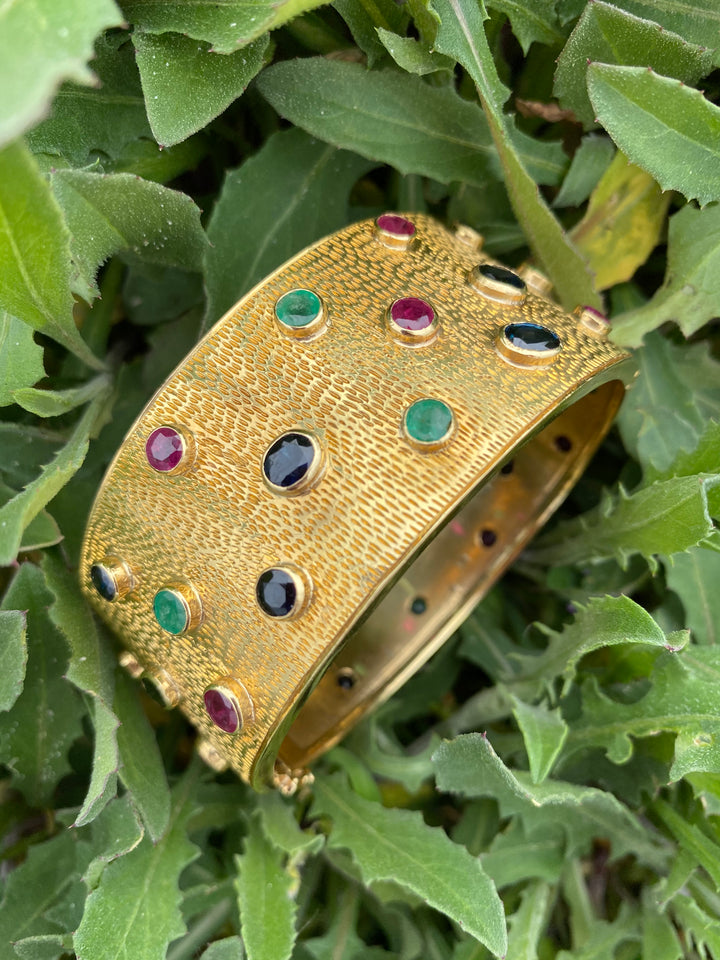 Vintage Ruby, Blue Sapphire and Emerald Bezel Set Cuff Bangle Bracelet in 18K Yellow Gold 