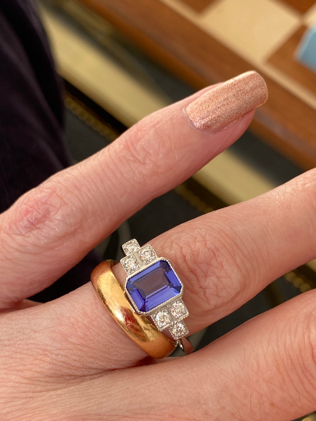 1.50 Carat Emerald Cut Tanzanite and Diamond Engagement Ring in Platinum