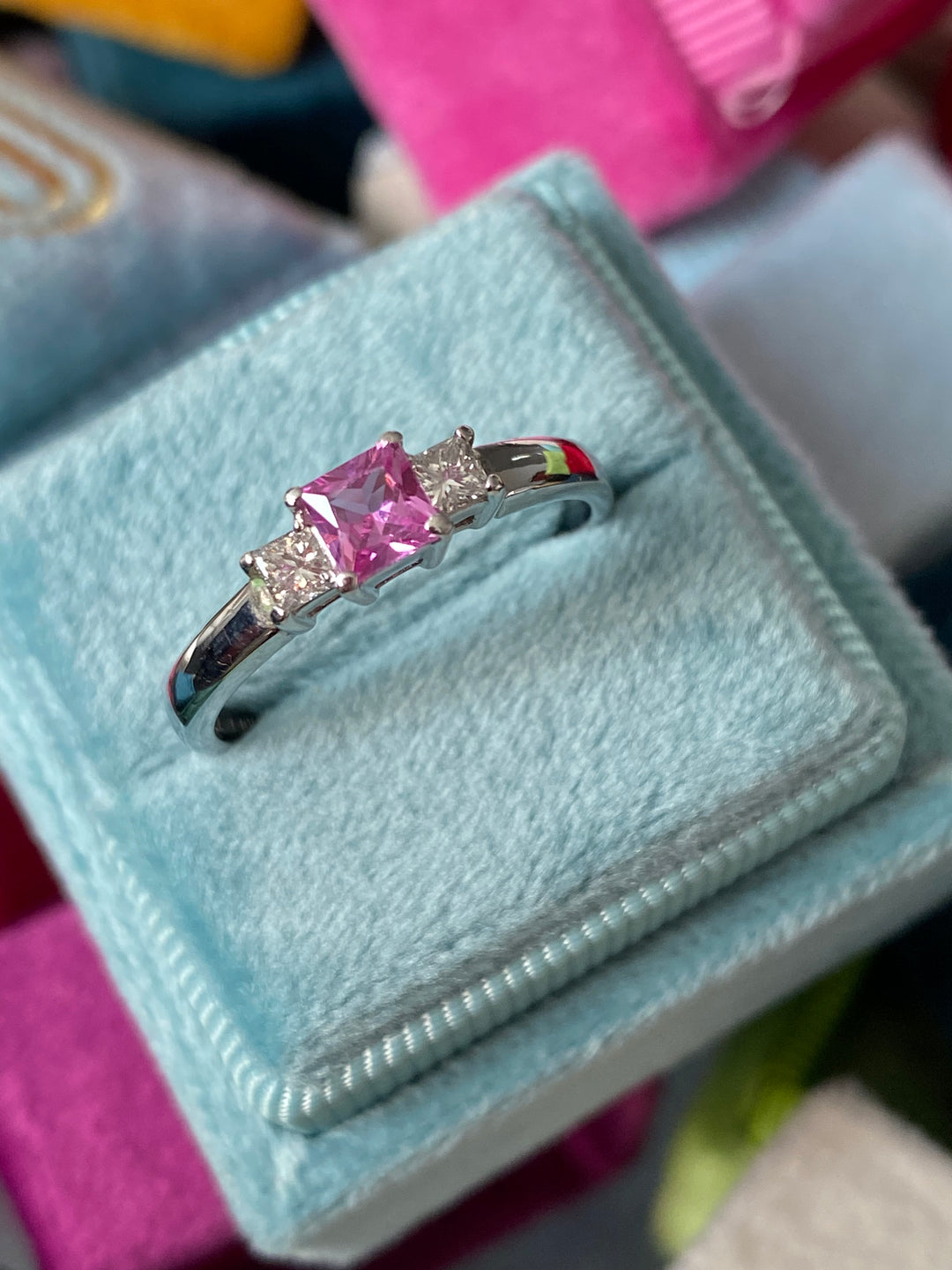 Princess cut Pink Sapphire and Diamond Three Stone Trilogy Vintage Engagement Ring