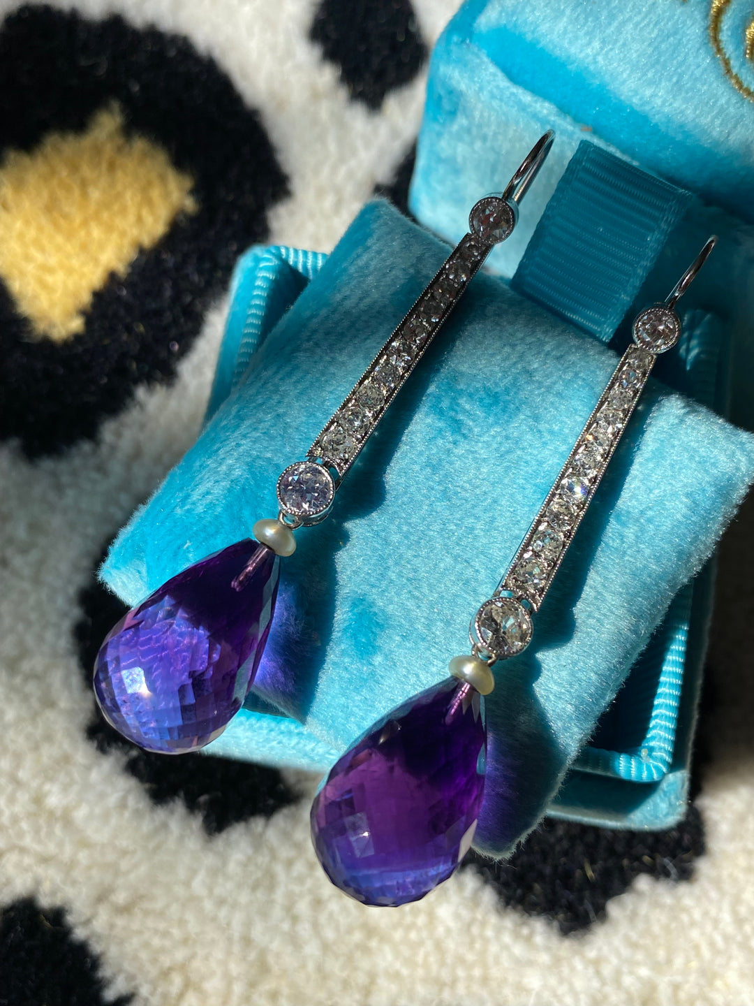 Antique Art Deco Briolette Cut Amethyst and Diamond Drop Earrings in Platinum Katherine James Jewellery 