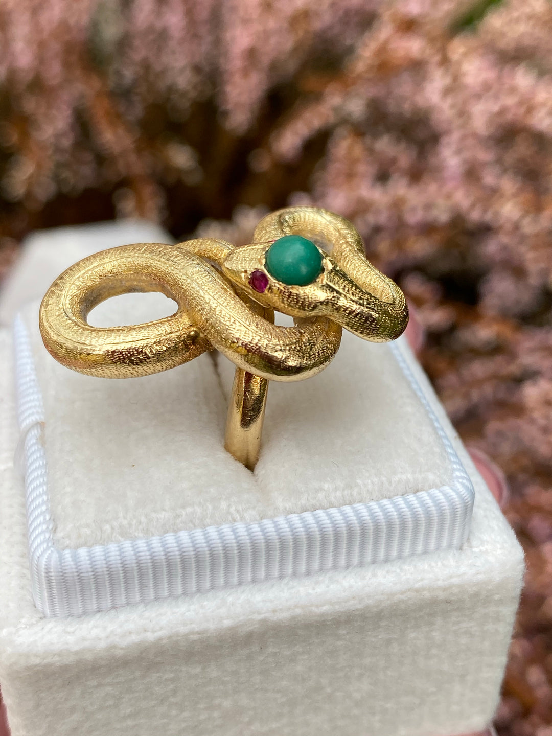 Antique Turquoise and Ruby Snake Serpent Ring in Yellow Gold 