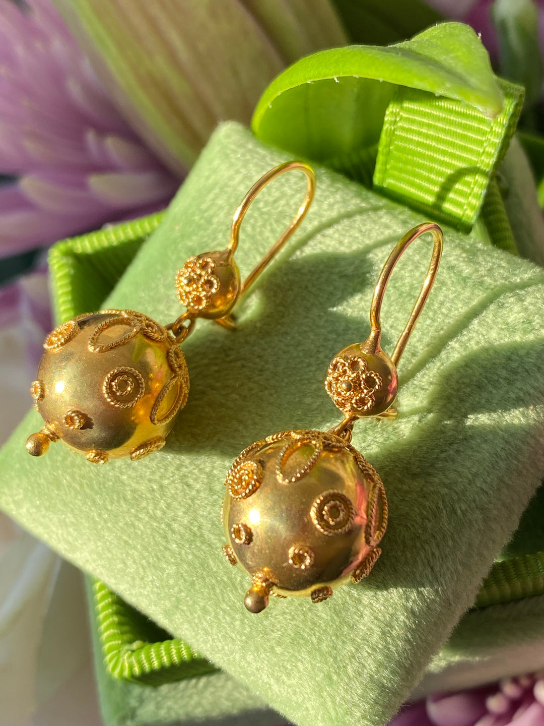 Vintage Etruscan Style Ball Drop Earrings in 14K Yellow Gold