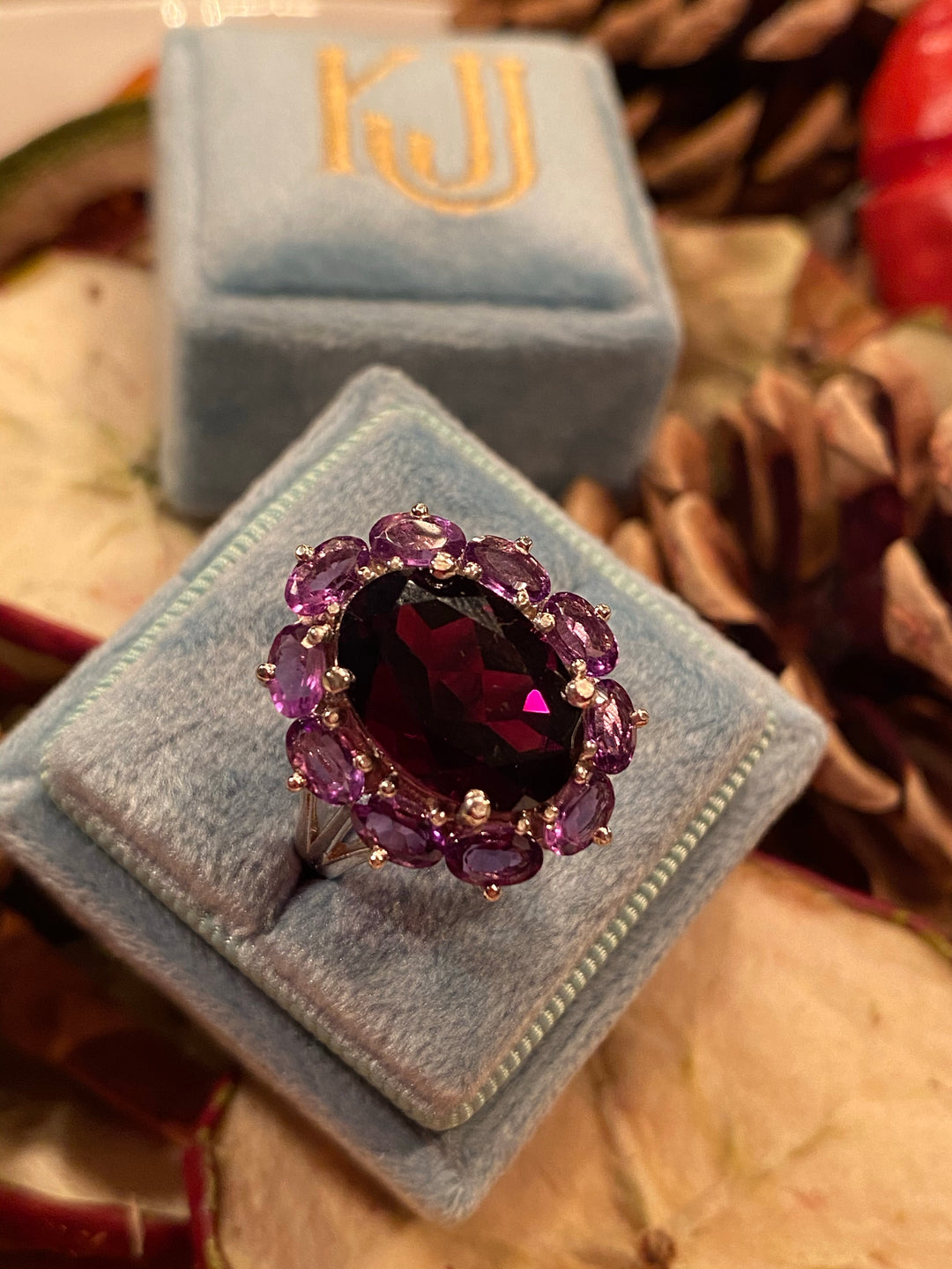 Glorious Garnet and Amethyst Halo Cocktail Ring in Sterling Silver