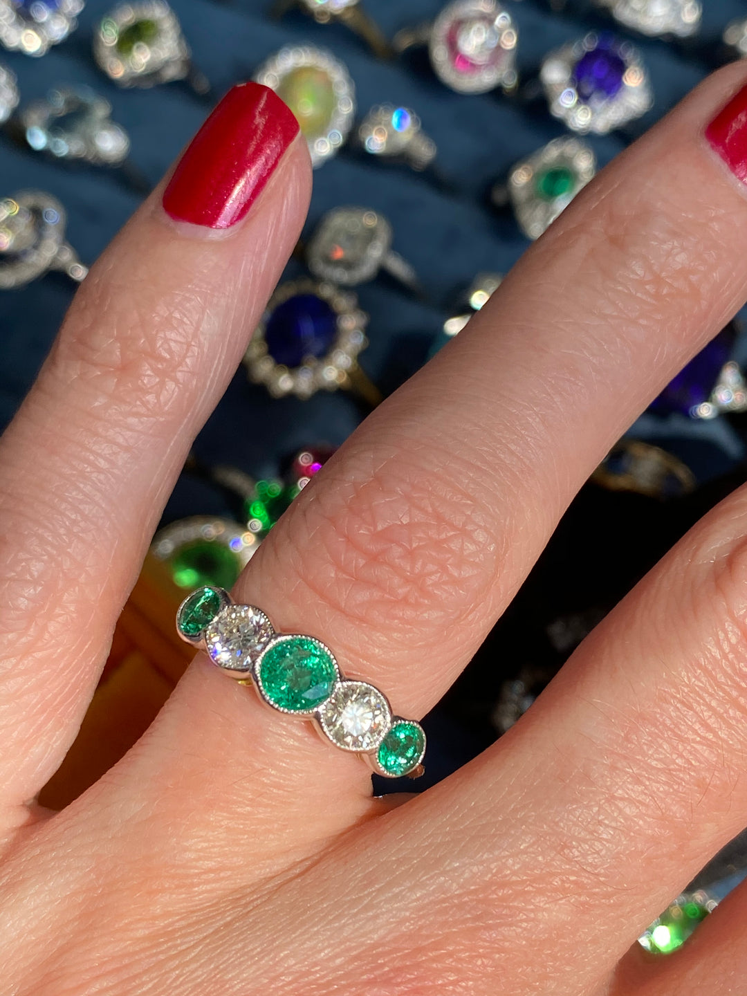 1.65 CTW Emerald and Diamond Five Stone Ring in Platinum and 18ct Yellow Gold