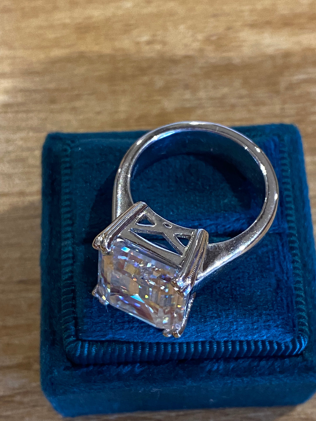 10.69 Carat Emerald Cut Double Claw Moissanite Engagement Cocktail Ring Katherine James Jewellery 