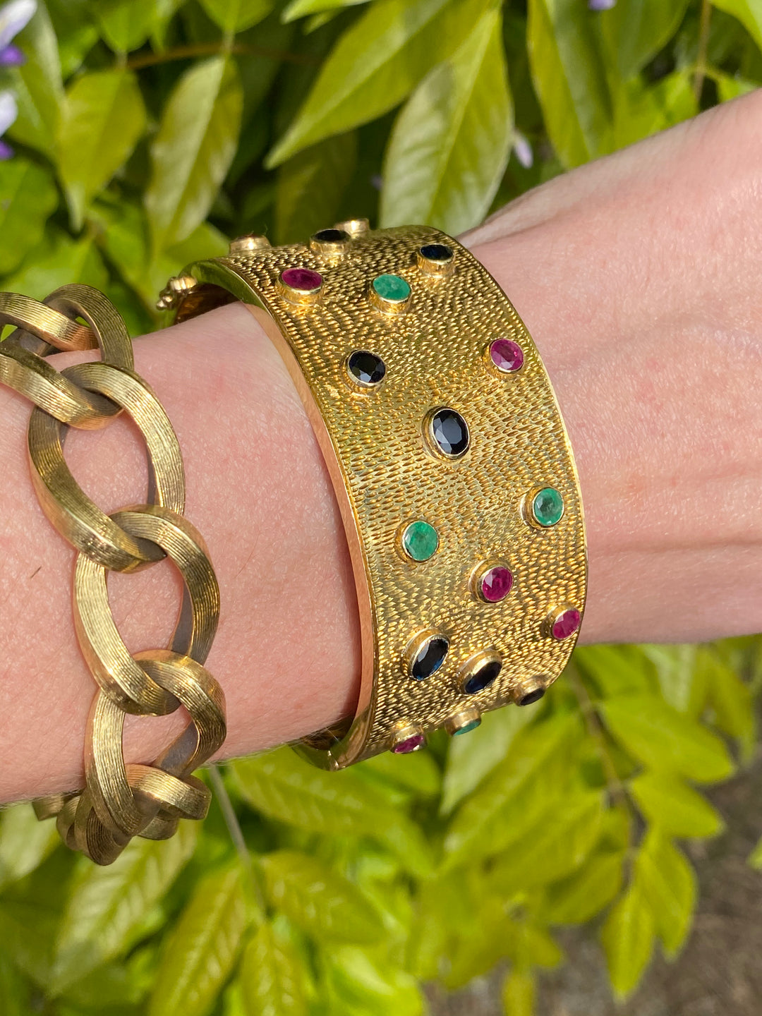 Vintage Ruby, Blue Sapphire and Emerald Cuff Bracelet in 18ct Yellow Gold
