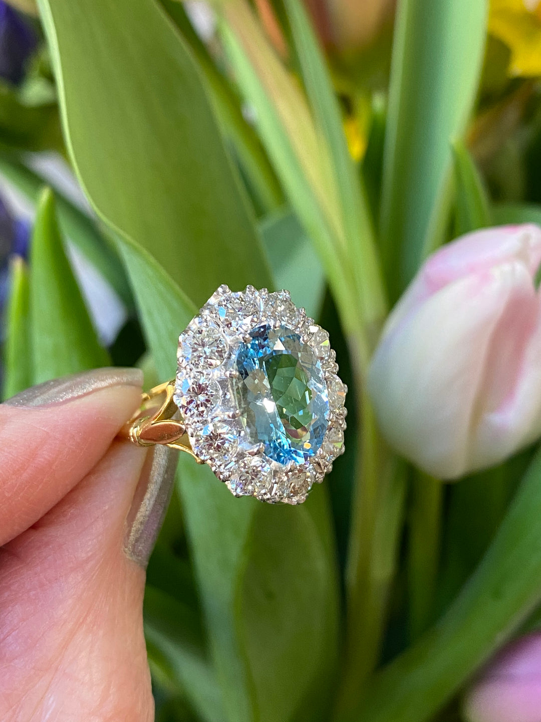 4.80 CTW Oval Aquamarine and Diamond Halo Ring in 18ct Yellow Gold