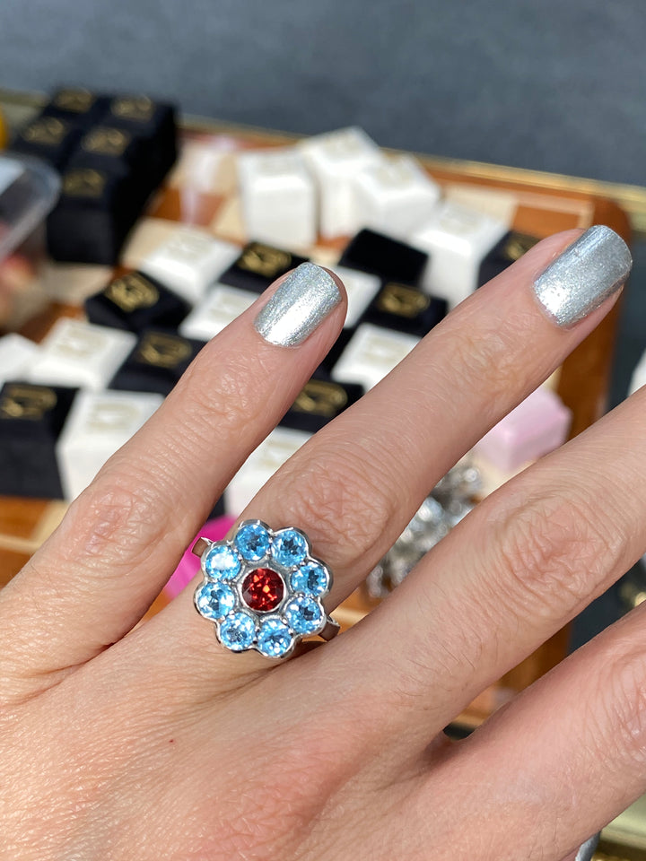 Red Garnet and Blue Topaz Flower Cocktail Ring in Sterling Silver 