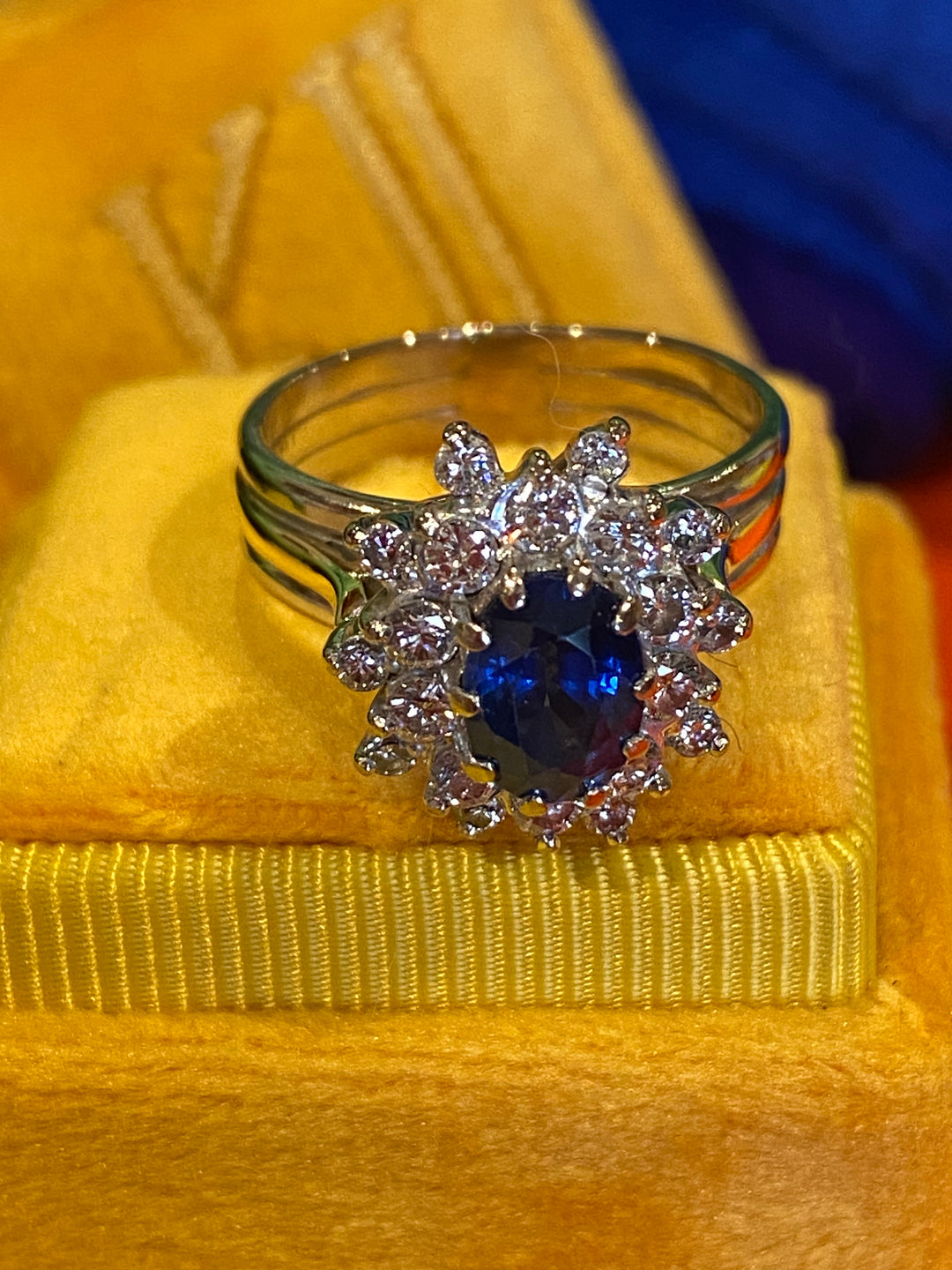 3 Carat Oval Blue Sapphire and Diamond Vintage Halo Engagement Ring 