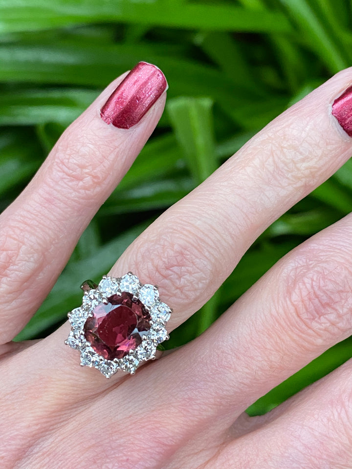 Pink Tourmaline and Diamond Halo Cocktail Ring in White Gold 