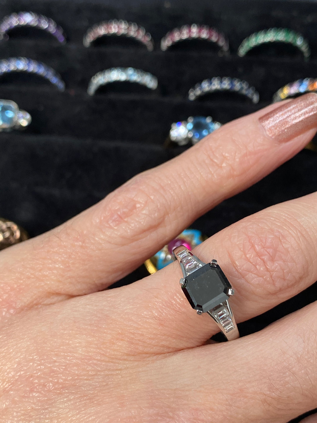 Sex and the City Carrie Black Diamond Art Deco Engagement Ring in Platinum 