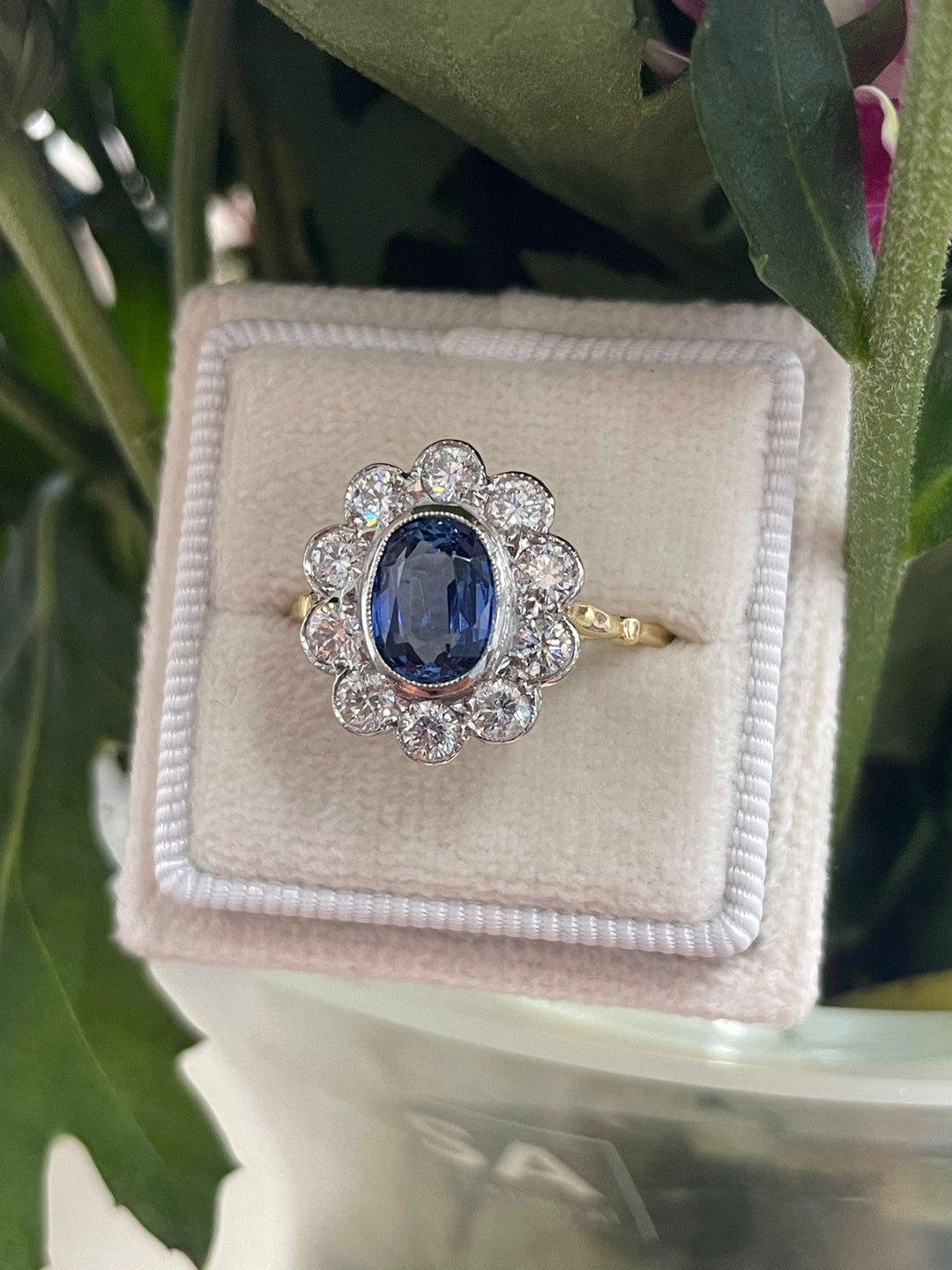 Oval cut Blue Ceylon Sapphire and Diamond Halo Antique Style Engagement Ring
