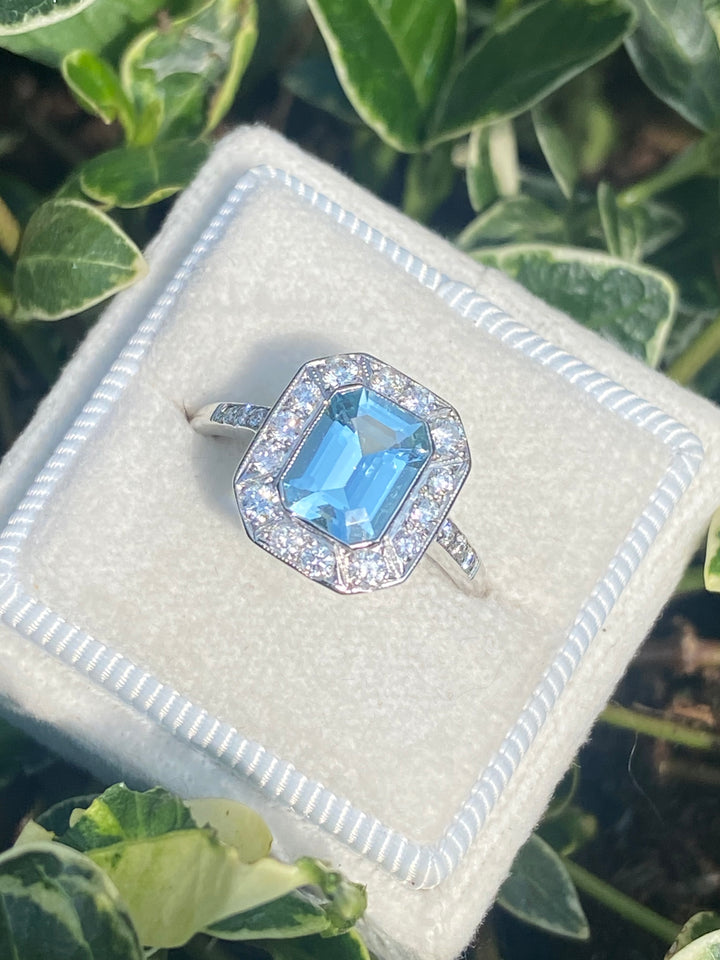 1.90 Carat Aquamarine and Diamond Halo Ring in Platinum