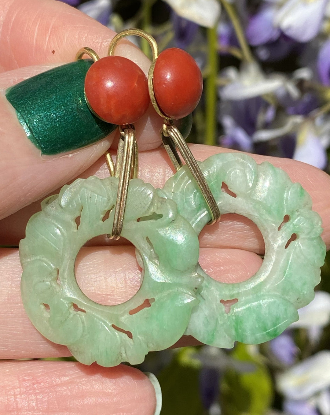 Antique Art Deco Coral and Carved Jade Drop Earrings 