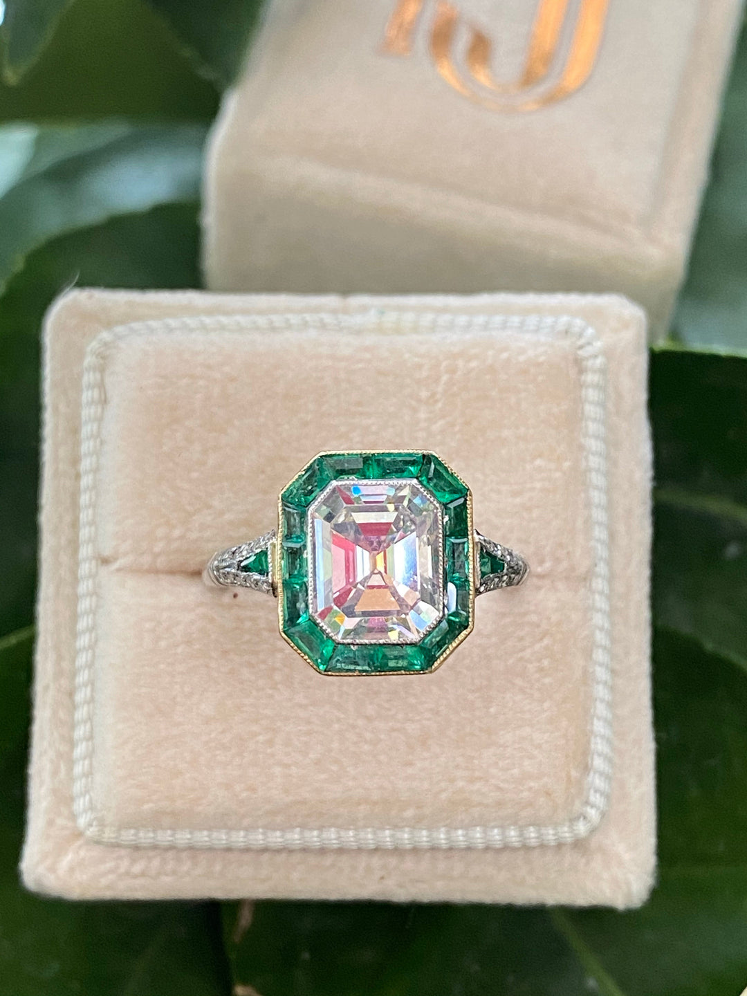 2.30 Carat Emerald Cut Diamond and Emerald Art Deco Halo Ring 