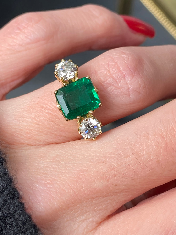 3 Carat Emerald and Diamond Three Stone Engagement Ring in Yellow Gold 