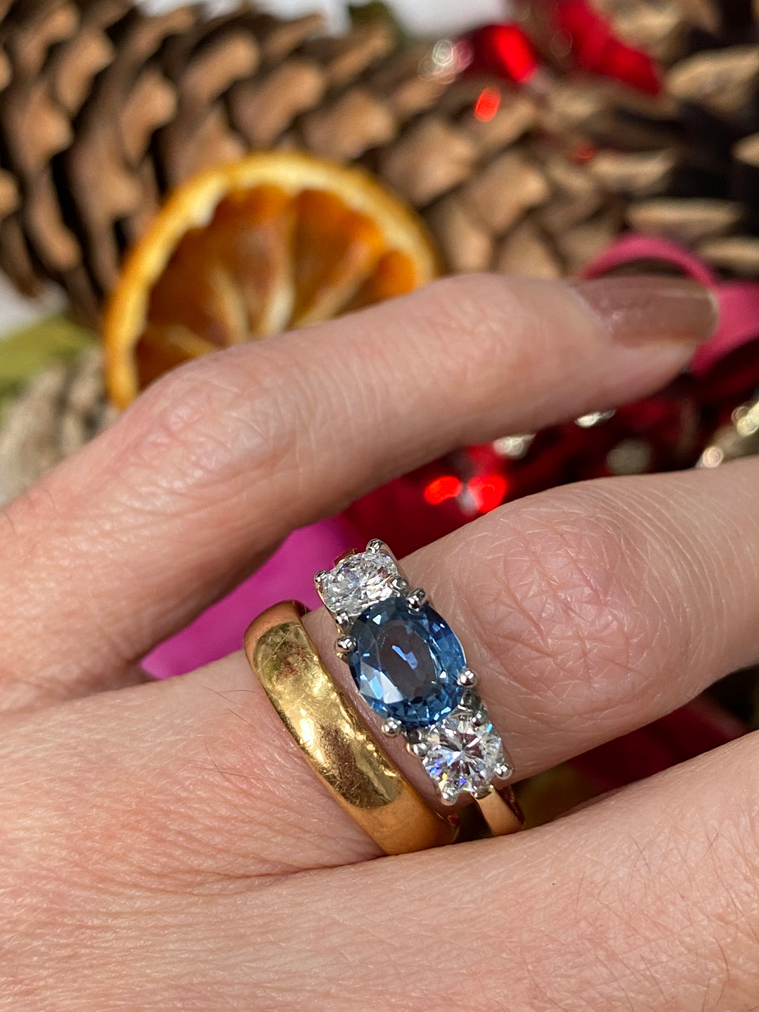 1.48 Carat Blue Ceylon Sapphire and Diamond Three Stone Engagement Ring in 18ct Yellow Gold