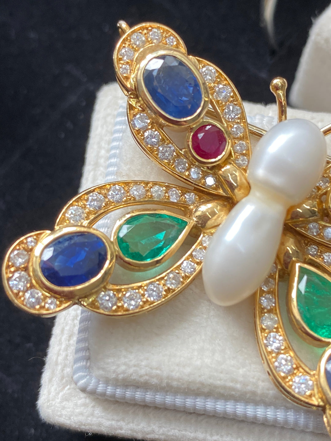 Baroque Pearl, Diamond, Emerald, Blue Sapphire and Ruby Butterfly Brooch in 18ct Yellow Gold