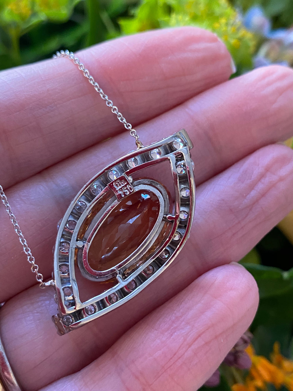 Oval Cut Imperial Topaz and Diamond Vintage Necklace in White Gold 