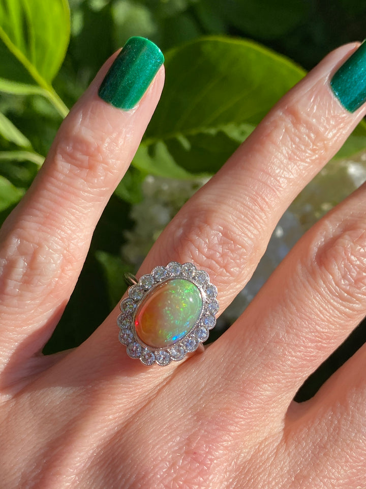 3.00 Carat Opal and Diamond Halo Ring in 18ct White Gold