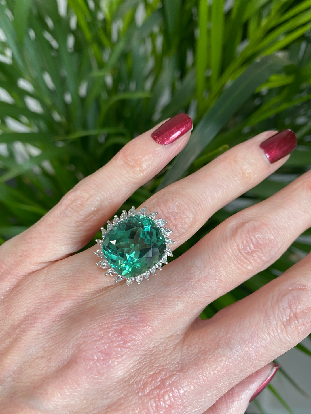 15.98 CTW Cushion Cut Green Tourmaline and Diamond Halo Ring in 18ct White Gold