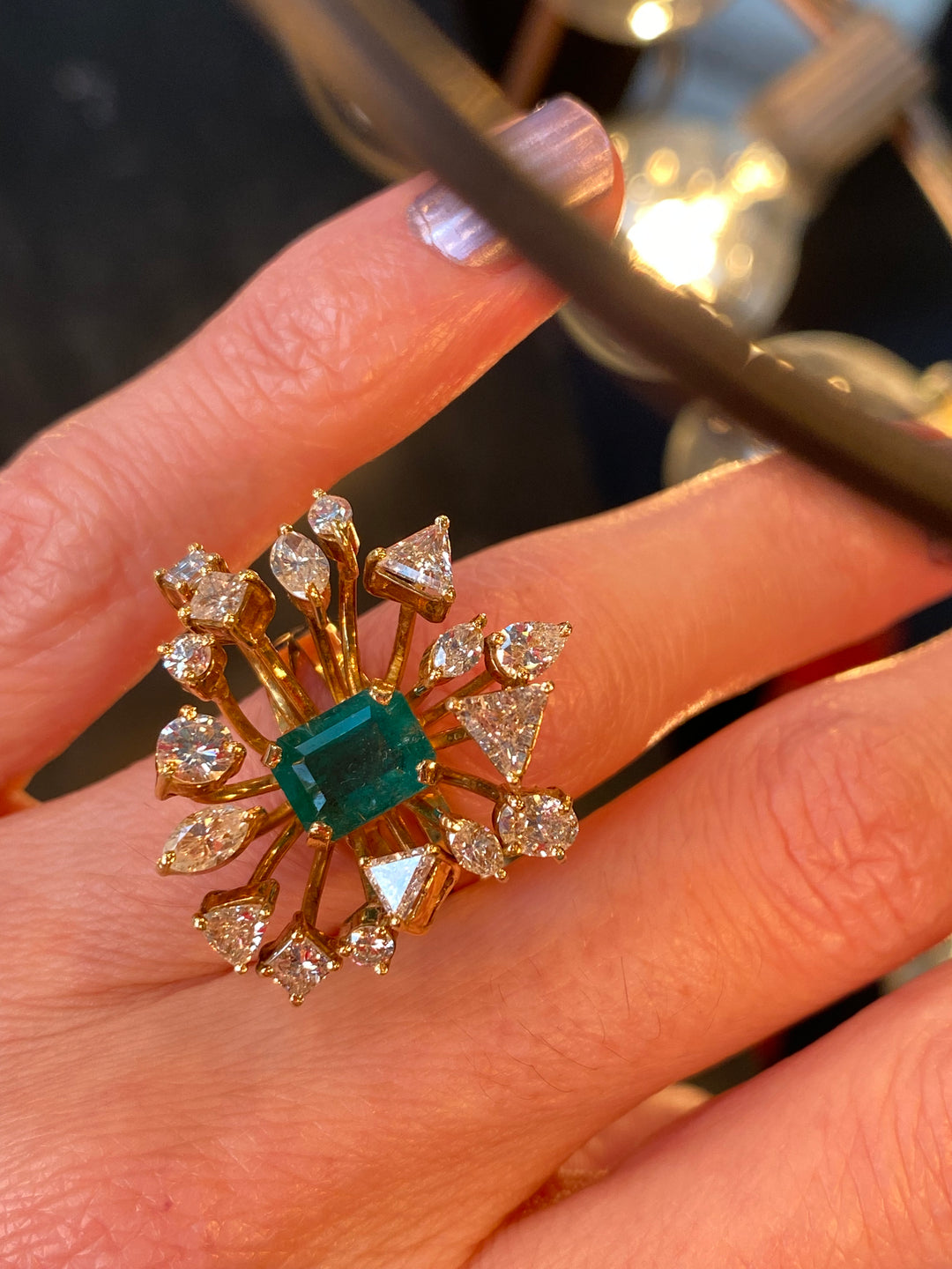Emerald and Mixed Cut Diamond Retro Vintage Cocktail Ring in Yellow Gold