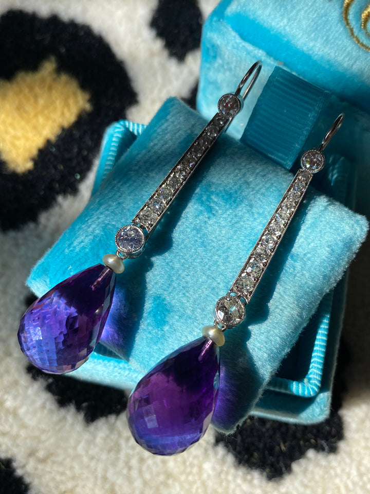 Antique Art Deco Briolette Cut Amethyst and Diamond Drop Earrings in Platinum