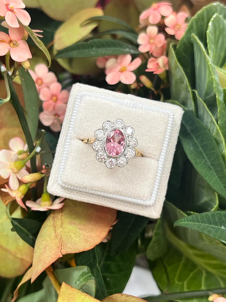 2 Carat Oval Pink Tourmaline and Diamond Halo Antique Edwardian Style Engagement Ring in White and Yellow Gold 